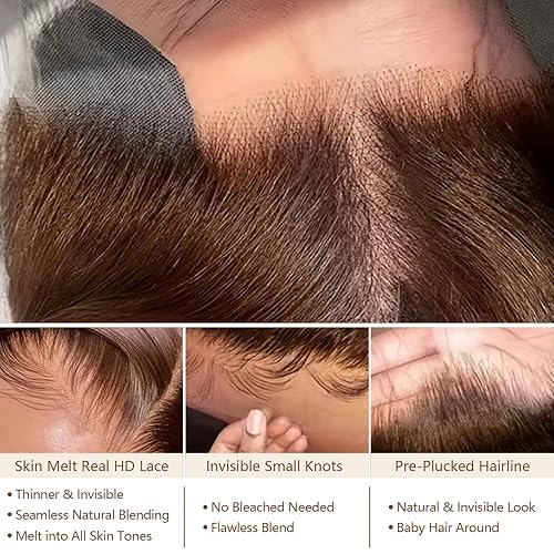 Miniatura 2 de Pelucas de cabello humano ondulado de 22 pulgadas, densidad del 180 %, 13 x 4 HD, predepiladas, con encaje frontal, sin pegamento, color marrón para
