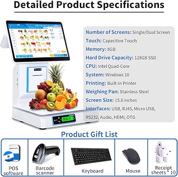 Caisse Enregistreuse Intelligente Tout-En-Un, Systeme De Point De Vente Avec Balance Integree, Ecran Tactile Double De 15,6 Pouces, 8G RAM, 128G SSD, Pour Le Commerce Dualscreen