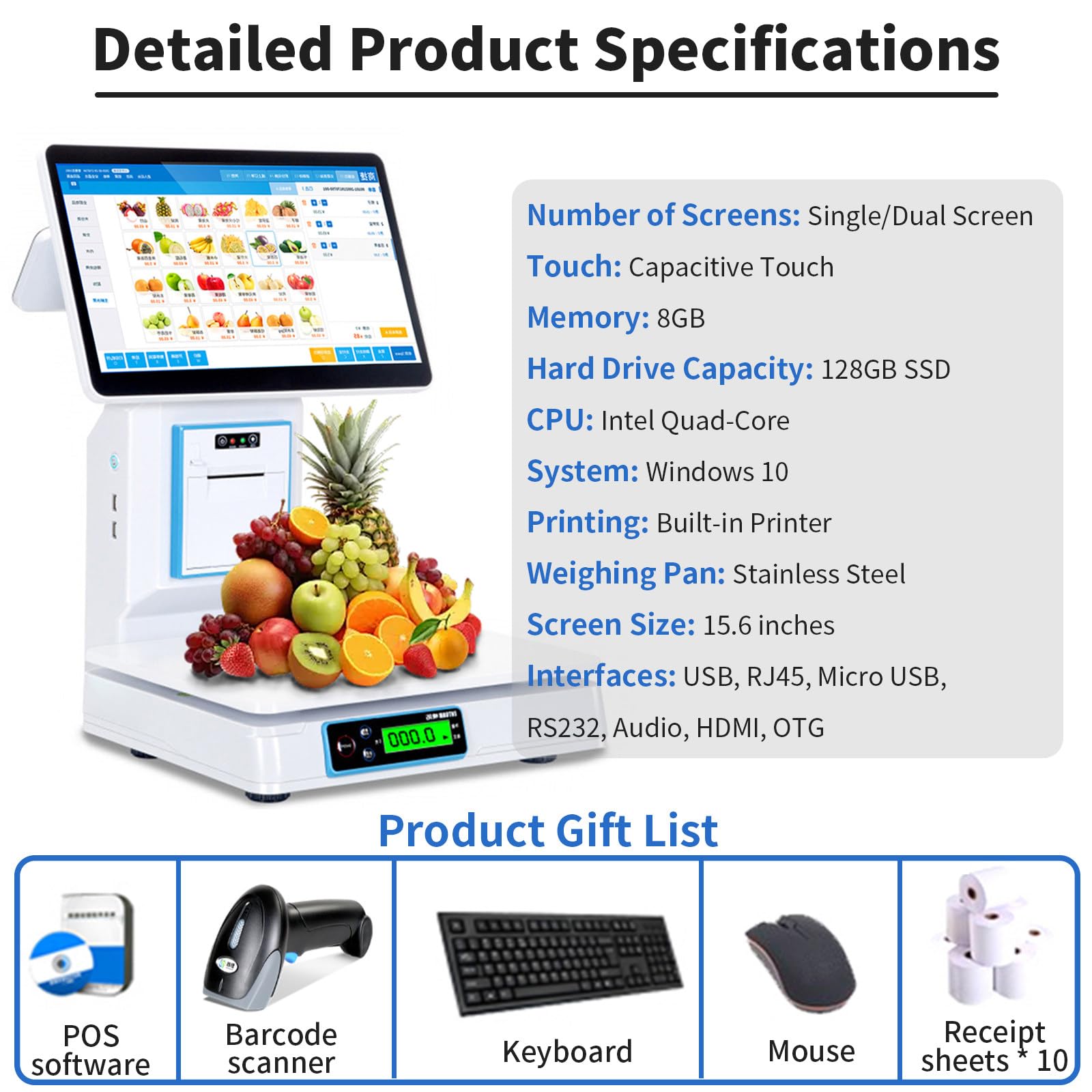TPV con Báscula para Comercios, Pantalla Táctil Capacitiva De 15.6", Capacidad De 30 Kg (66 LB), para Comercios Y Supermercados, 8 GB De RAM, 128 GB De SSD Dualscreen