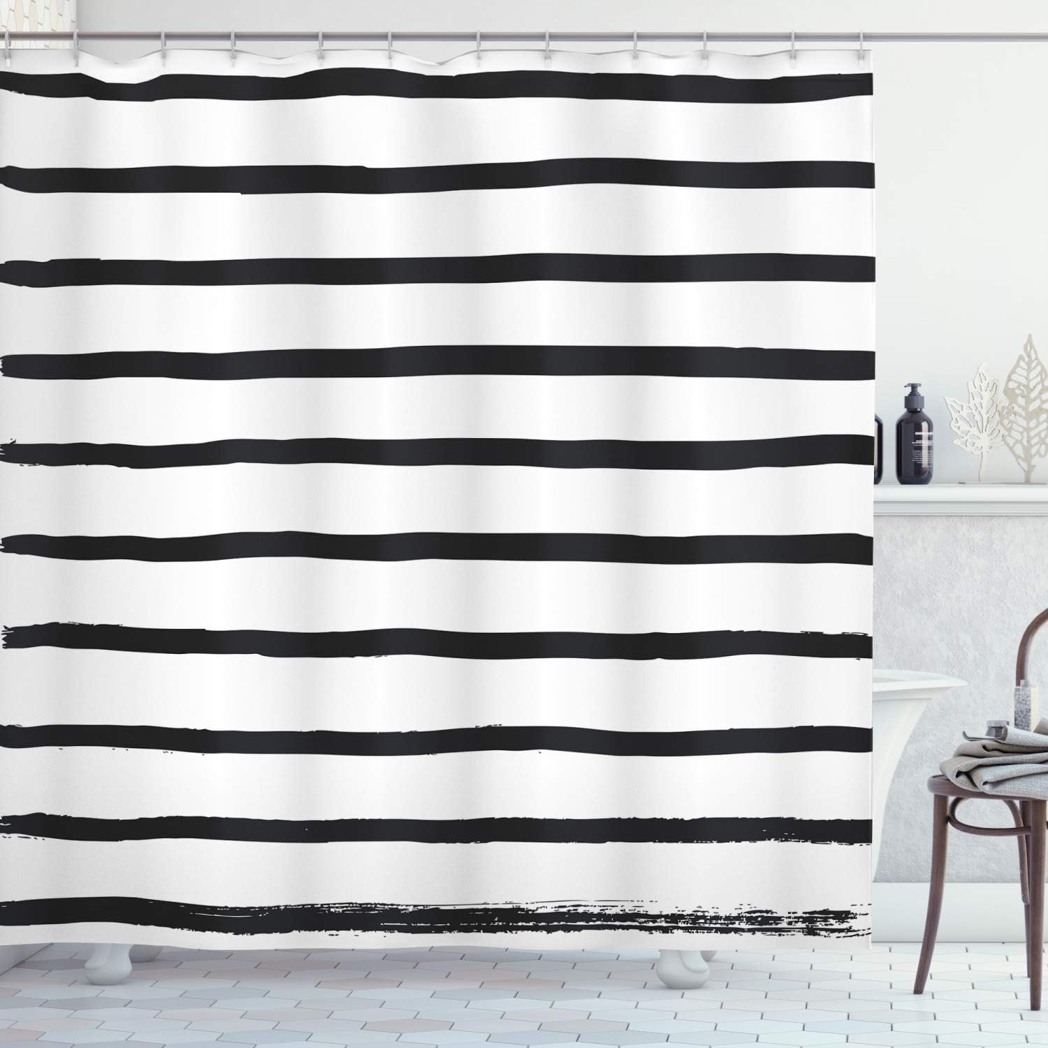 Ambesonne Modern Shower Curtain, Abstract Minimalist Horizontal Paintbrush Stripes with Bands a Simplistic Design Work of Art, Fabric Bathroom Decor Set with Hooks, 69" W x 70" L, Charcoal Grey Black