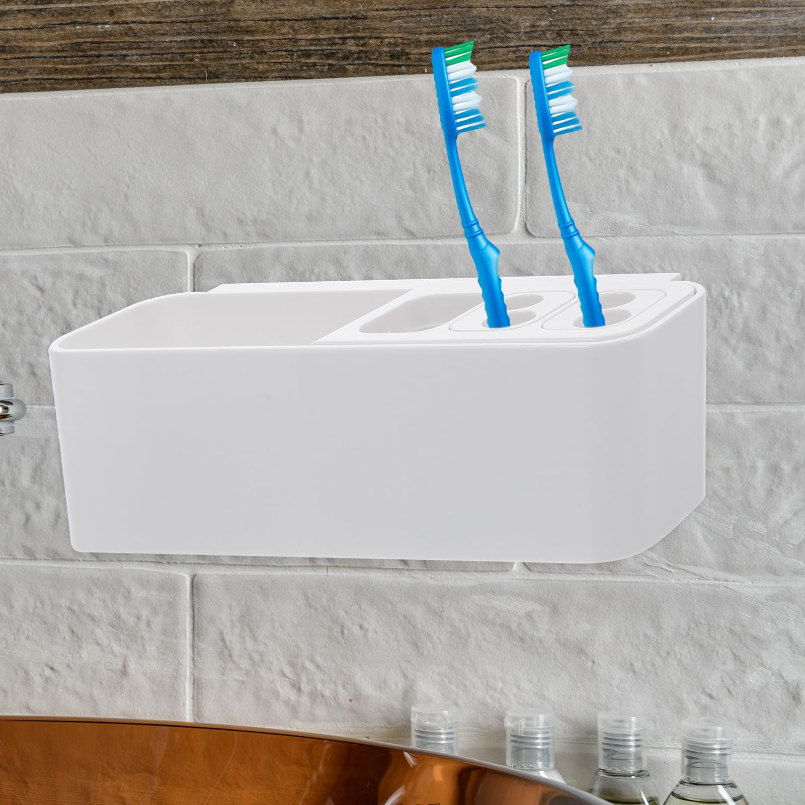 SHINEOFI Portaspazzolino da Parete Bianco in ABS Gancio Adesivo Resistente Organizer Multiscomparto per Spazzolino Elettrico e Accessori da Bagno Contenitore Drenante per Doccia e Cucina