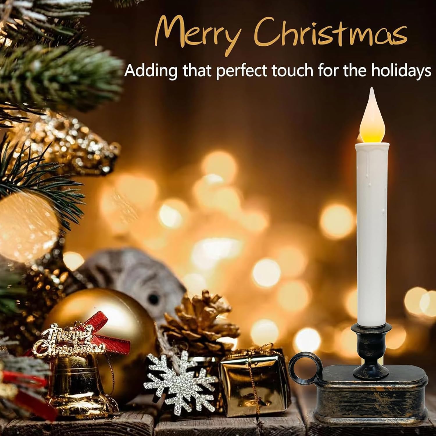 4 Pack Window Candles with Sensor Dusk to Dawn, Christmas Window Candles Battery Operated, LED Flameless Taper Candle for Christmas Home Decor Table Window, Bronze Base