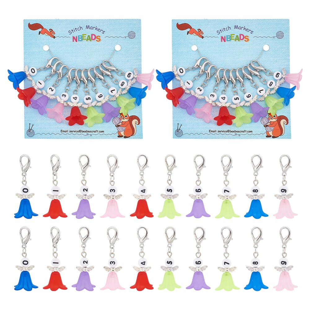 NBEADS 20 Pcs Number 0~9 Angel Stitch Markers, 10 Colors Wing and Flower Crochet Charms Removable Lobster Clasp Locking Stitch Marker for Knitting Weaving Accessories Quilting Jewelry