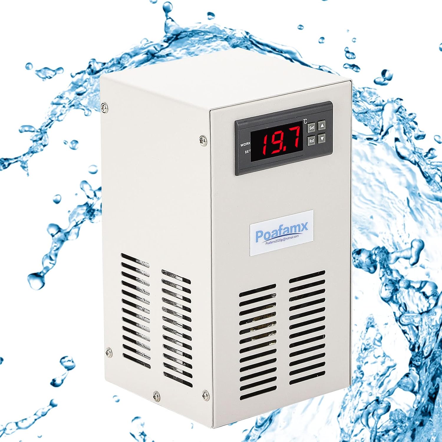 Poafamx Aquarium Cooler, Up to 66 F 23 C, Cooling and Heating, Peltier Type, For Both Freshwater and Saltwater Water Cooler, Includes Pipe, Small Circulating Cooler, Digital Display, Constant