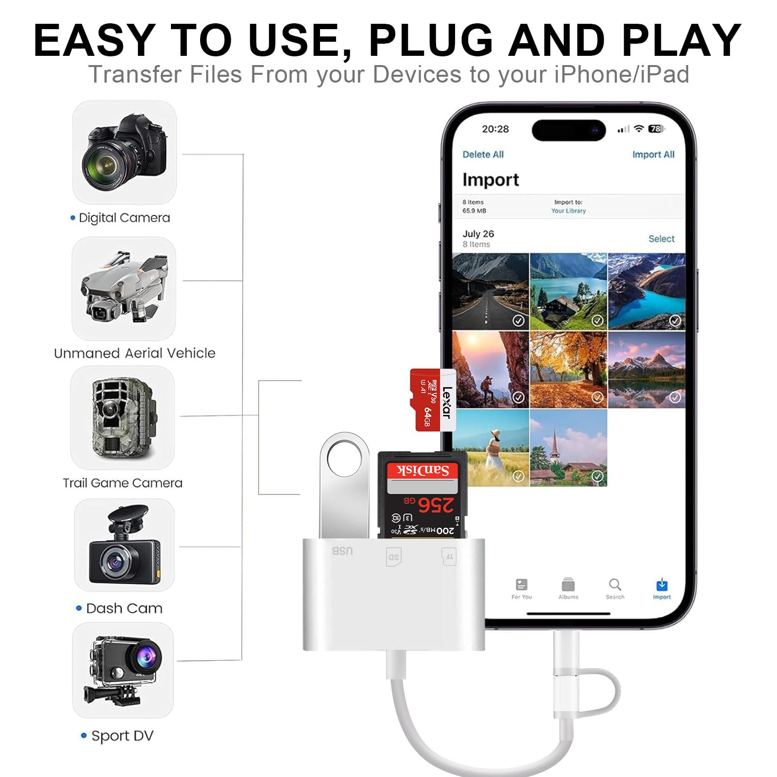 [Certificato Apple MFi] Lettore Schede SD per iPhone, USB C Lightning Adattatore Scheda SD per SD/Micro SD, SD Card Reader for iPhone, Lettore Schede Memoria per iPhone 16 15/iPad/Mac/Android Samsung