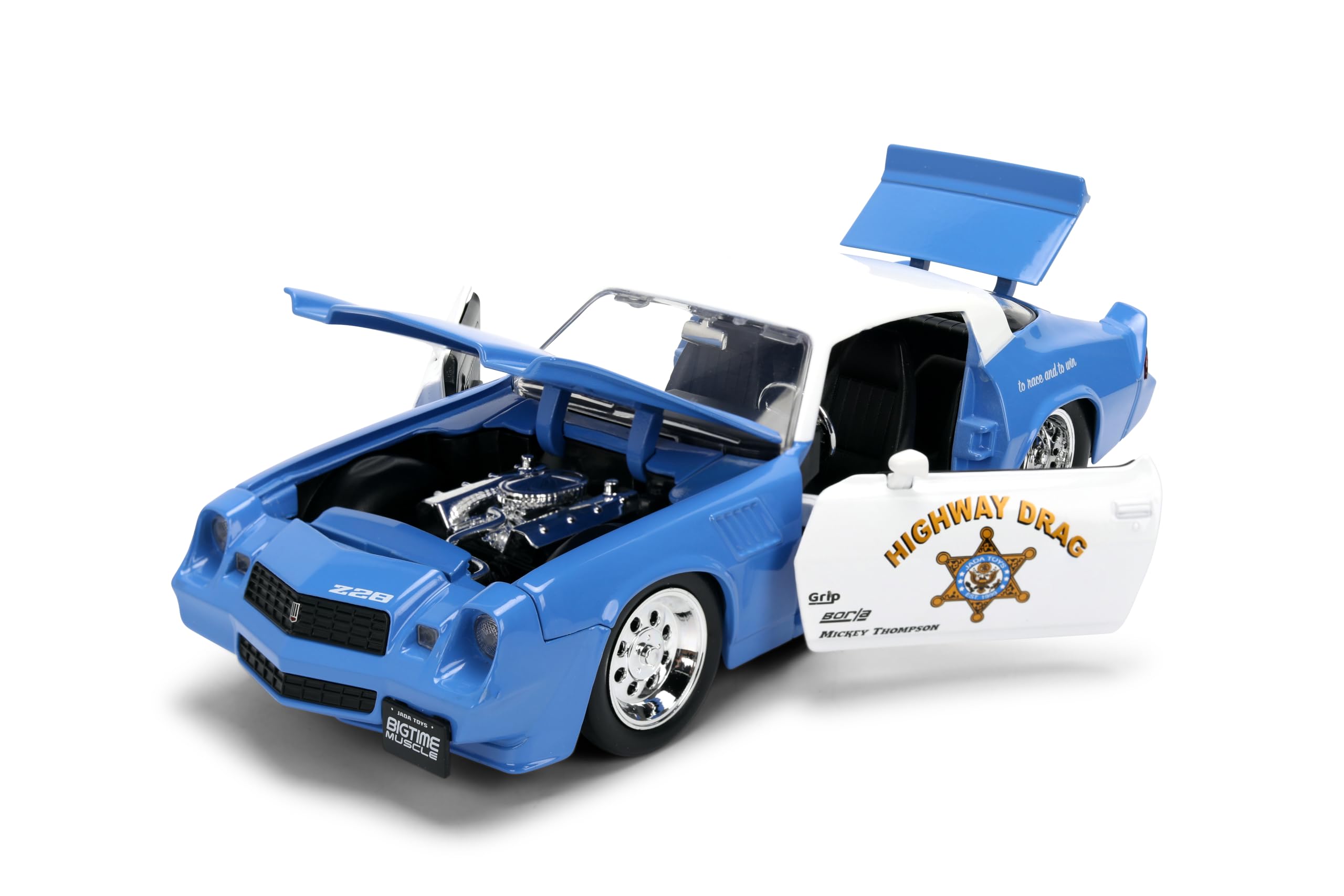 Jada Toys Bigtime Muscle 1:24 1970 Chevrolet Camaro Die-Cast Car - otwierane drzwi, maska, bagażnik, gumowe opony (niebieski/biały)