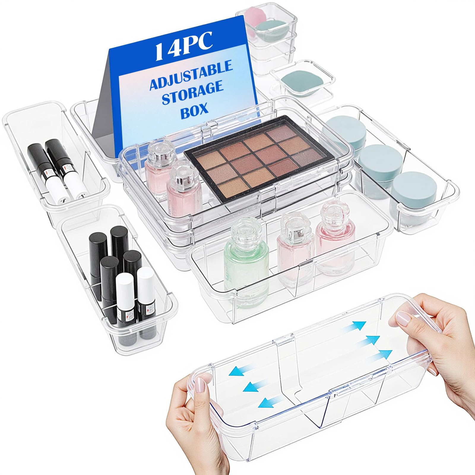 14 Pcs Extendable Clear Drawer Organizer, Adjustable Vanity Storage Box, 3-Size Desk Drawer Organizer, Acrylic Storage Bins for Makeup, Cosmetic, Bedroom Kitchen Gadgets Utensils and Office