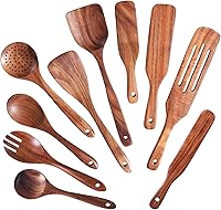 Vista 11 de Juego de Utensilios de Cocina de Madera, GUDAMAYE 9 PIEZAS Cucharas de Madera de Teca Natural Para Sartén Antiadherente para Cocinar