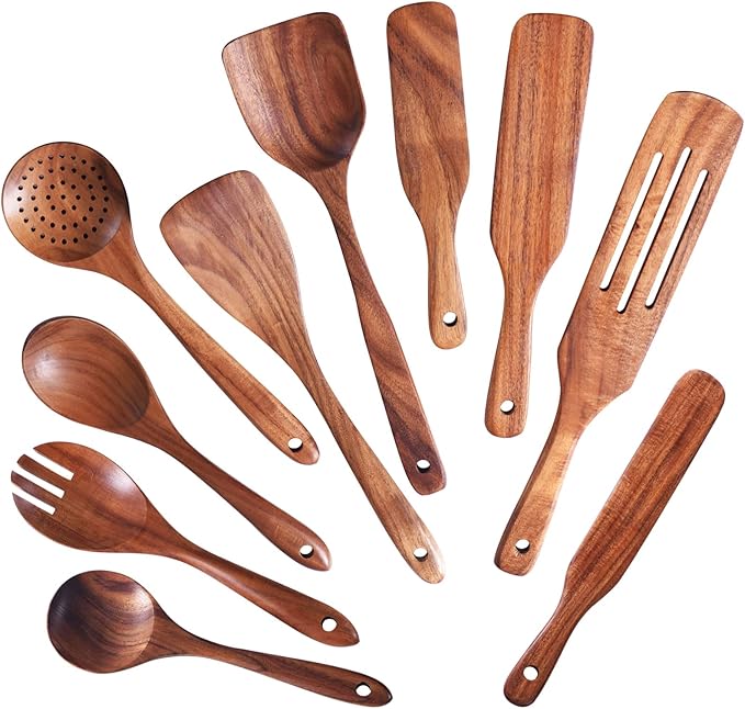 Wooden Kitchen Utensils Set,GUDAMAYE 9 PCE Natural Teak Wooden Spoons For Non-stick Pan for Cooking,