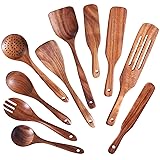 Wooden Spoons for Cooking,GUDAMAYE 10 PCS Wooden Kitchen Utensils Set,Wooden Cooking Utensils For Non-stick Pan,Teak Wood Utensils Set,Spurtles Kitchen Tools As Seen On Tv