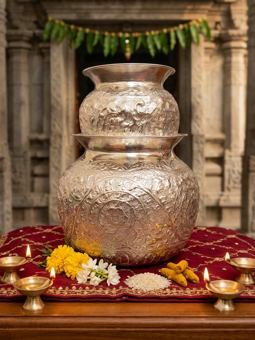 German Silver Bonam Set for Pooja - Embossed Silver Plated Bonalu Kalasam Set (2 Pieces) | Traditional Designer Metallic Vessel Decor for Bonalu Festival & Mandir 1.5 LTrs x 3.2LTRs Set of 2PCs-image-22