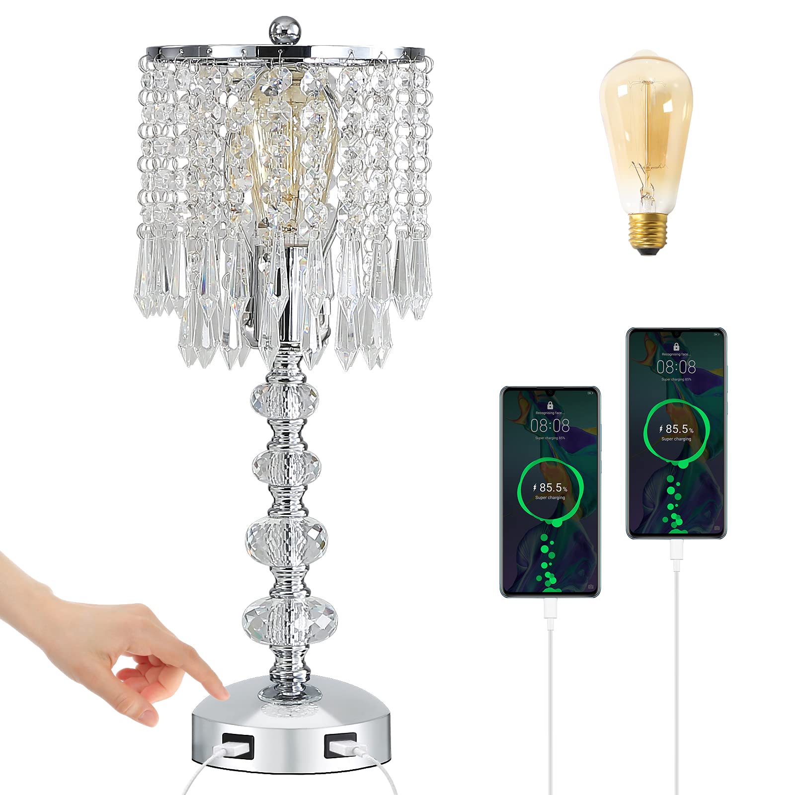 Touch Control Lamp, Crystal Bedside Table Lamp, 3-Way Dimmable Modern Nightstand Desk Lamp with Dual USB Charging Ports, Bedroom Lamp Crystal Decorative