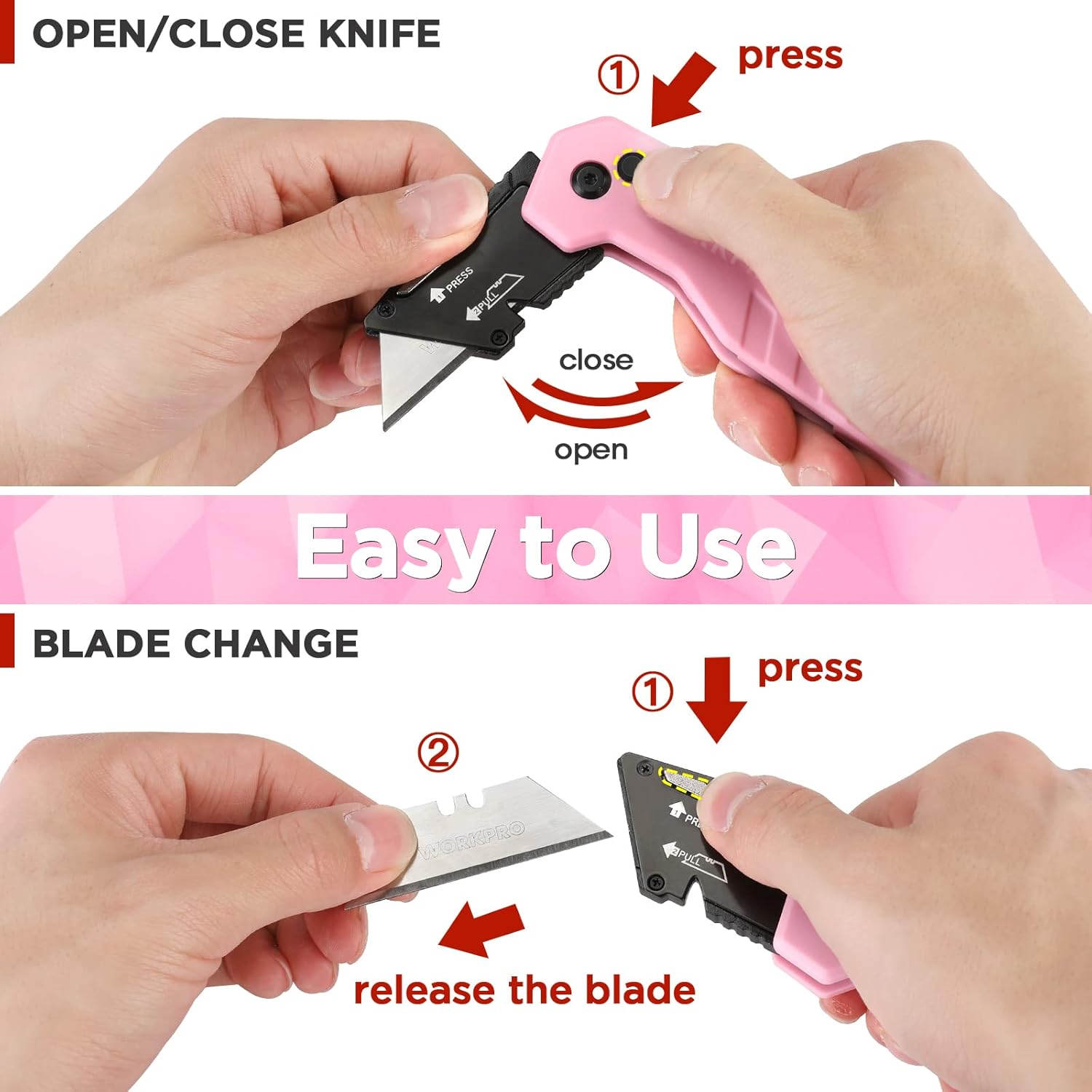WORKPRO Folding Utility Knife, Quick Change Box Cutter, Razor Knife for Cartons, Cardboard, Boxes, Blade Storage in Aluminum Handle, 13 Extra Blades Included - Pink Ribbon