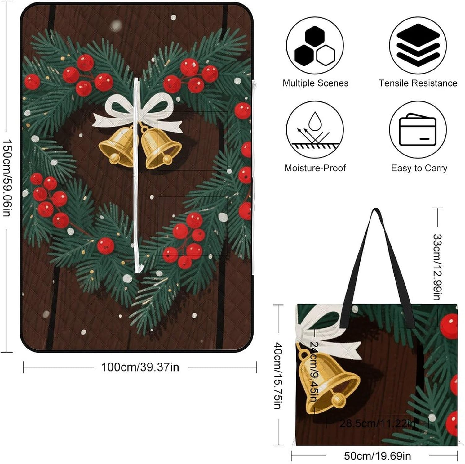 Merry Christmas Picnic Blanket 150x100cm, Foldable 2-in-1 Picnic Mat and Tote Bag Portable Waterproof Beach Mat Sandproof Outdoor Blanket for Park, Hiking, Beach, Camping, Travel