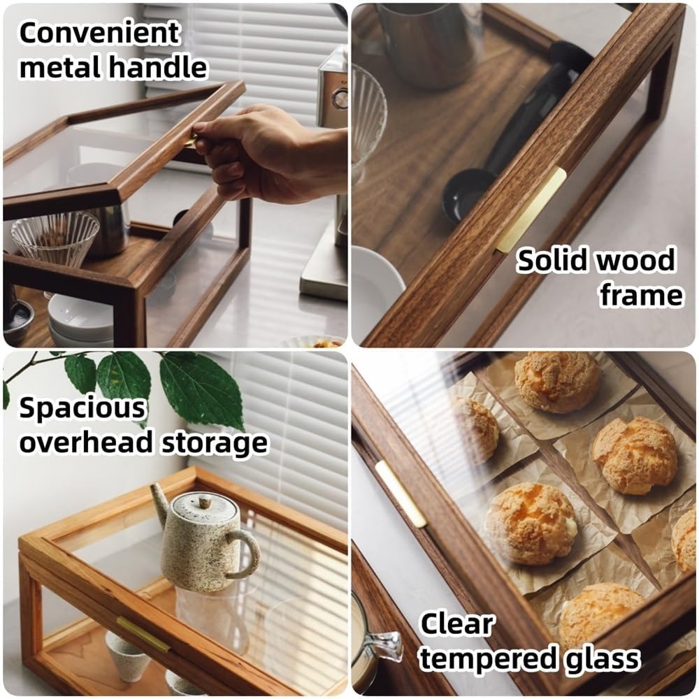 Vintage Wooden Bread Box for Kitchen, Countertop Pastry Display Case, Clear Glass Keepsake Box for Homemade Cookie, Cupcake, Muffins, Bagel(Brown)