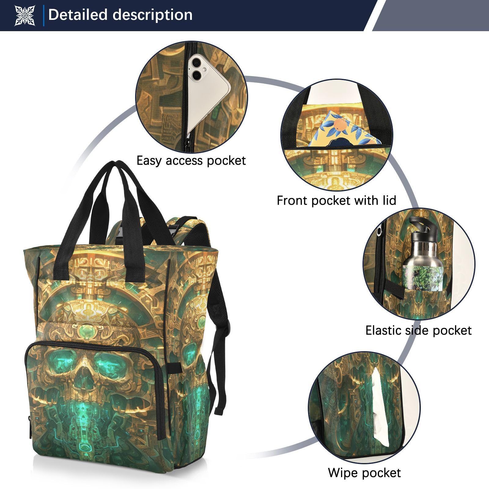 CráNeo De Oro Abstracto Bolsa de Pañales Mochila de Viaje Gran Capacidad Bolsas para Mamá Papá Mujeres Niñas