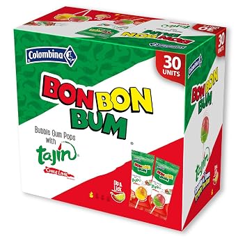 Colombina Bon Bon Bum Tajin Tropical Passion Fruit & Watermelon with Tajin Chile Lime Dip Dispenser, 30 Count (Pack of 1)