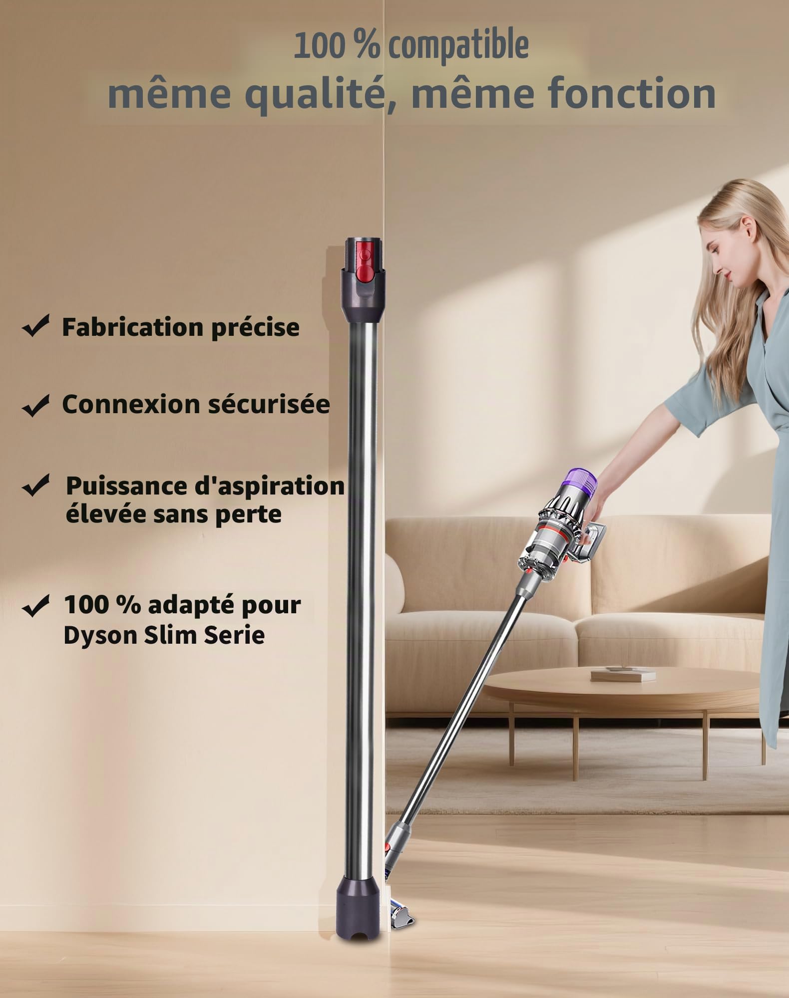 Tube d'extension pour aspirateur Dyson V12 Detect Slim / V10 Digital Slim tube télescopique en aluminium de 29 pouces avec verrouillage rapide – Accessoire de rechange pour tuyau d'aspiration
