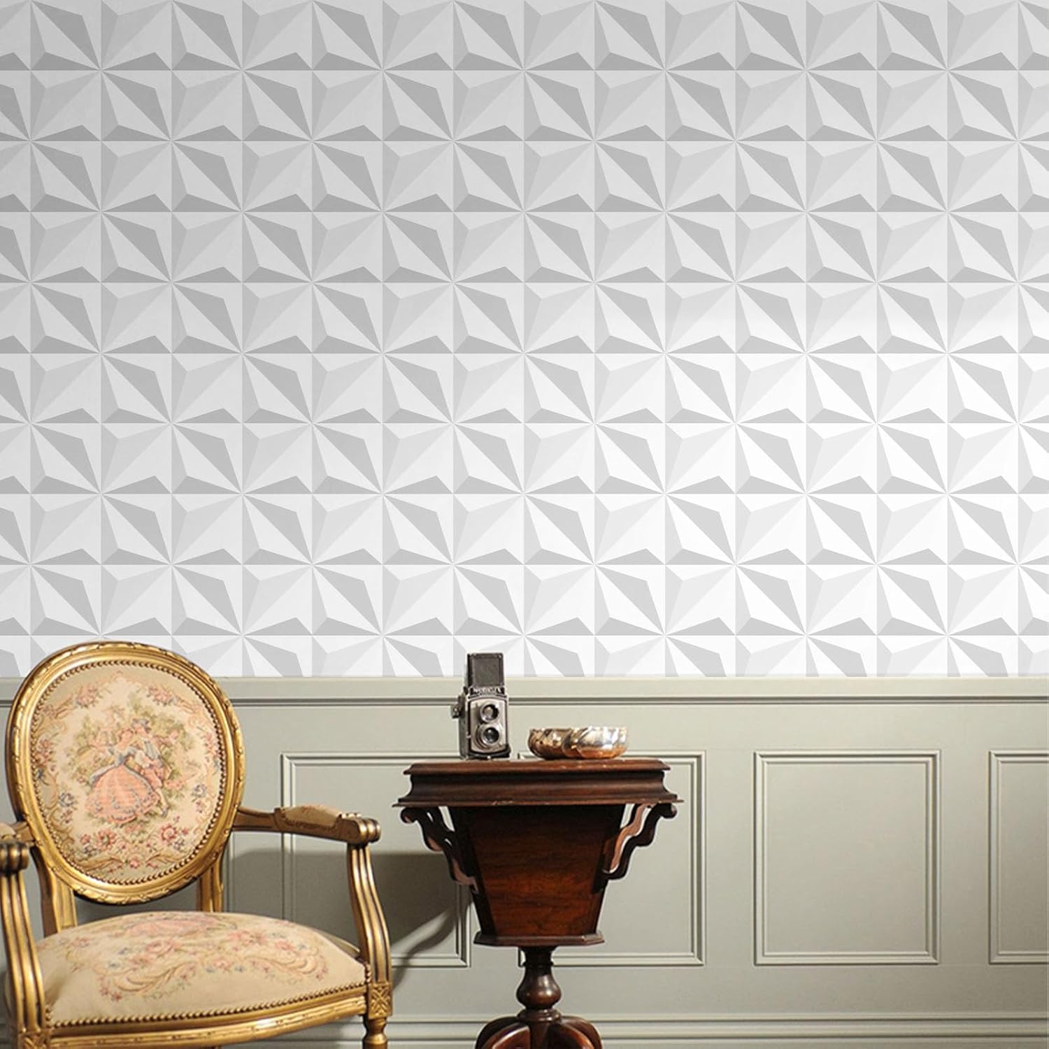 3D Visual Effect Wallpaper Peel and Stick 17.7"" x118 White Diamond Wallpaper Self-Adhesive Removable Wallpaper 3D Effect Contact Paper, Grey/White