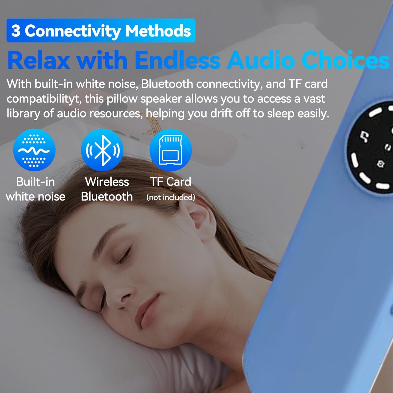 Bluetooth Pillow Speaker for Sleep - Bone Conduction Sleep Speaker Under Pillow with Built-in 35 White Noise, Portable Sleep Headphones for Travel, Sound Bar with 300mAh Battery (Blue)