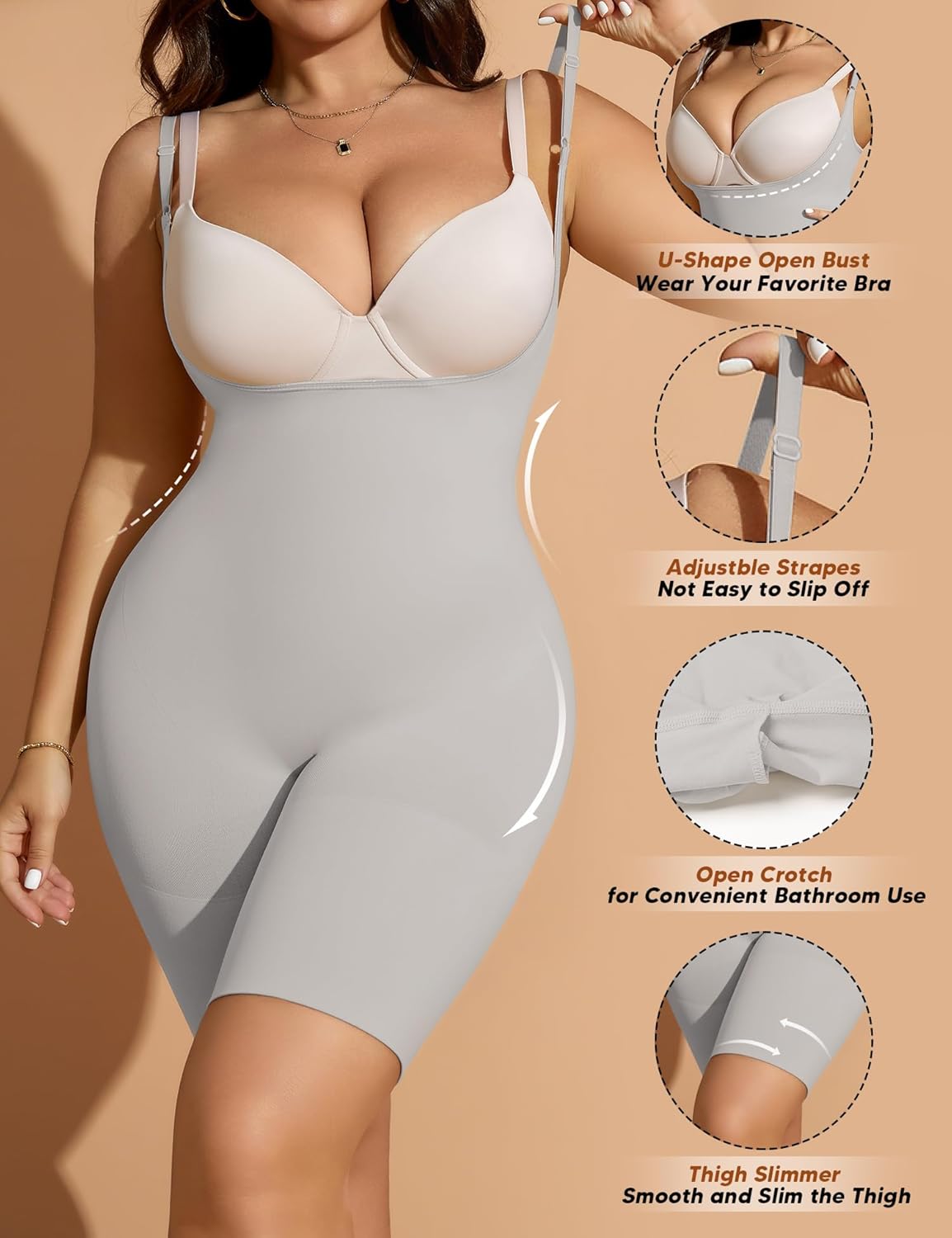 Shapewear Bodysuit for Women Tummy Control Open Bust Thigh Slimmer Body Shaper - Image 4