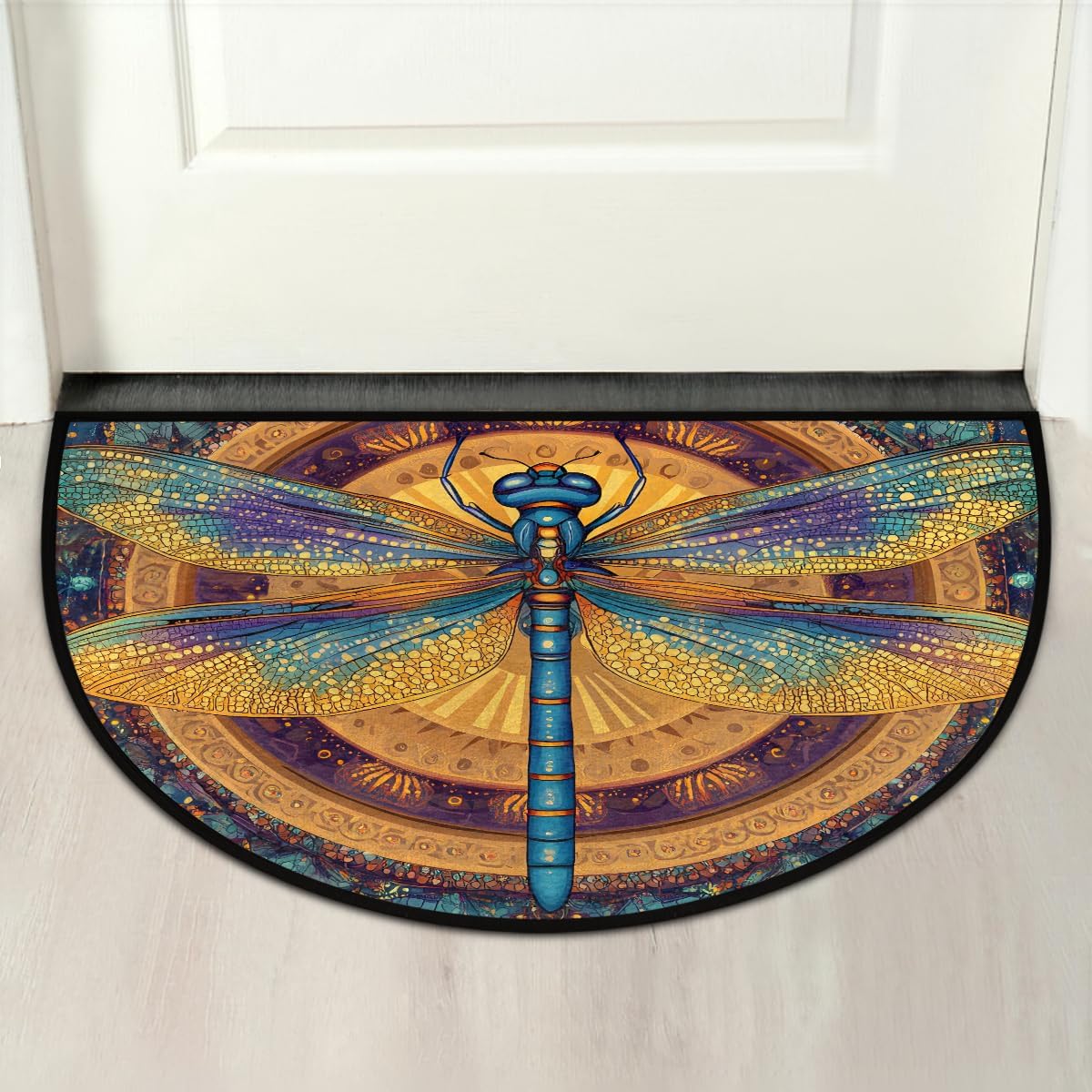 Mandala Dragonfly Circle Half Round Door Mat Non Slip Washable Semi Circle Area Rug Absorbent Soft Half Moon Rug Floor Mat for Indoor Outdoor Kitchen Bathroom Patio Front Door Mat Decor