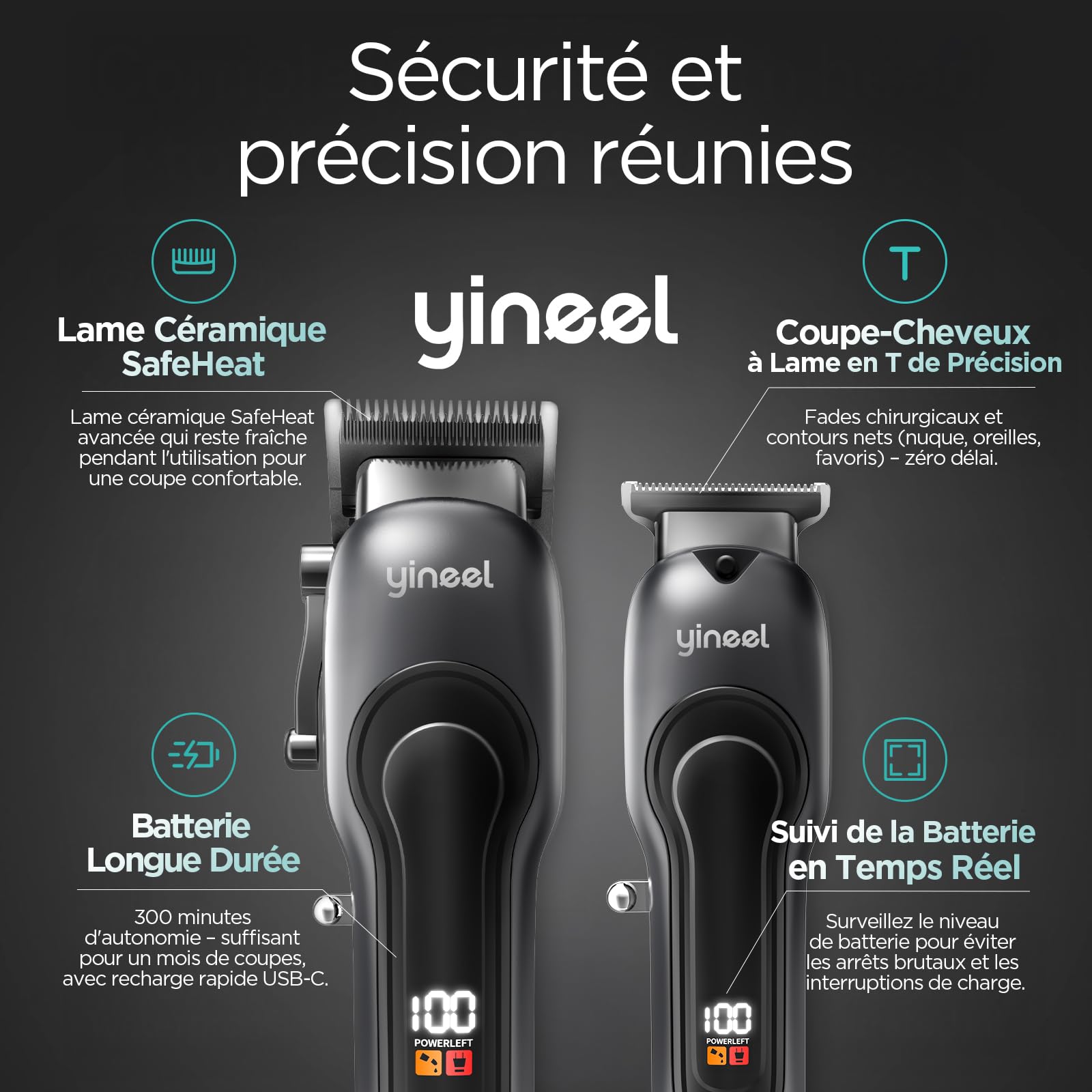 Yineel Tondeuse Cheveux Hommes Professionnelle, Kit Tondeuse Barbe et Cheveux sans Fil, Tondeuse Électrique avec Lame Céramique et Coupe-Cheveux de Précision, Cadeau pour Homme/Femme/Famille/Barbiers