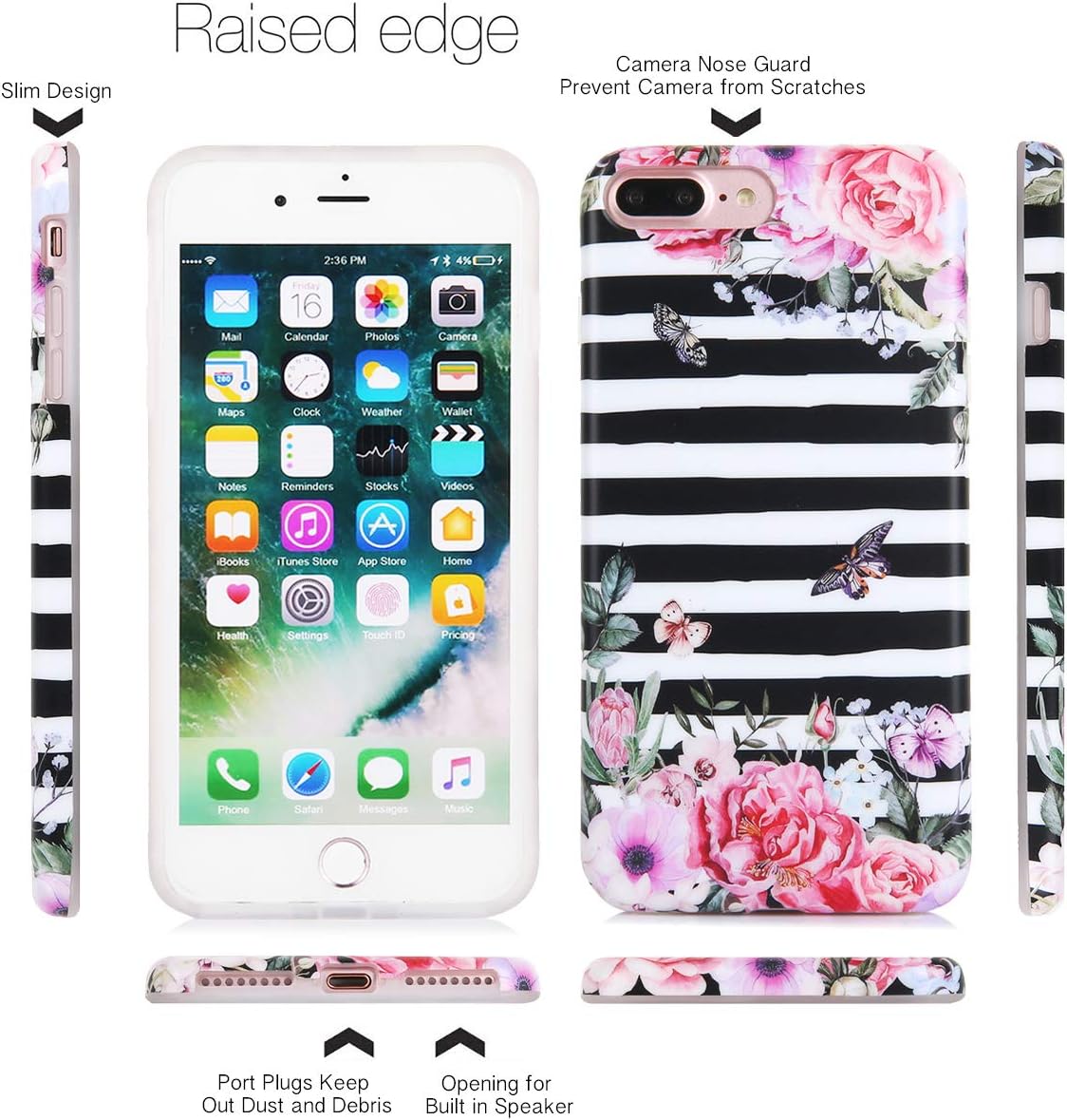 iPhone 8 Plus iPhone 7 Plus Case Cute Rose Flowers Floral Black White Stripe Pattern IMD Hybrid Hard TPU Shockproof Phone Cases for Women Girls[5.5"]