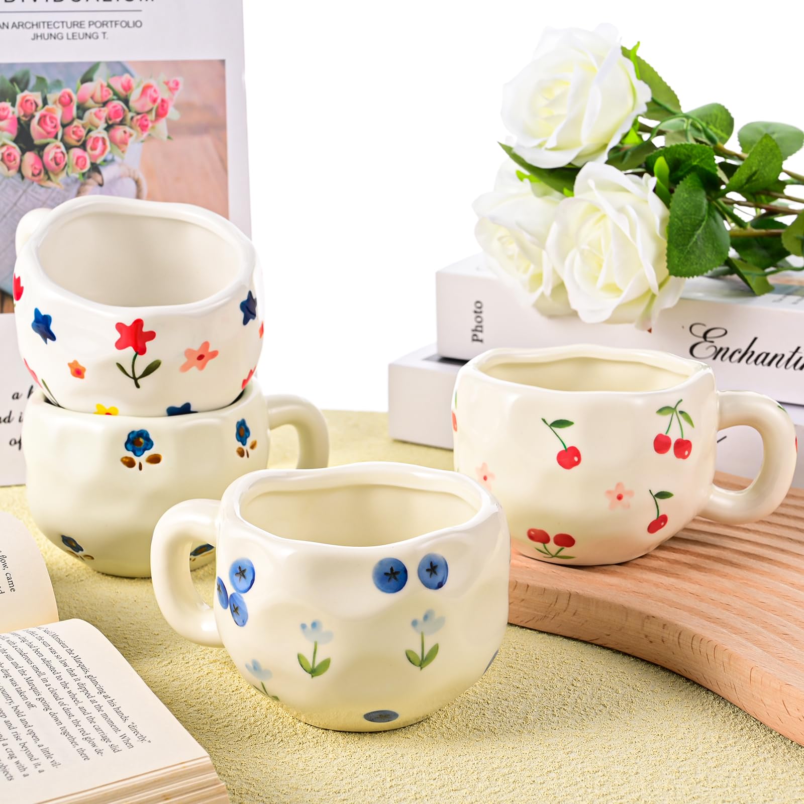 Lot de 4 tasses à café en céramique peintes à la main - Motif floral mignon - Pour le bureau et la maison - Tasse à thé vintage pour cappuccino, cacao, expresso - Passe au micro-ondes - 290