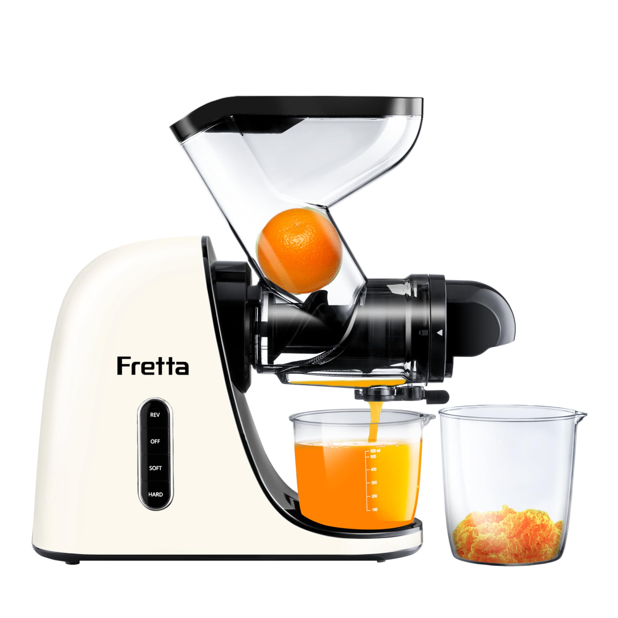 Fretta Licuadora prensado en frío,Extractor de zumos y verduras,Cold press slow juicer machine,Motor Silencioso y Función Inversa, fácil de limpiar,Recetas de jugos de regalo (Blanco)