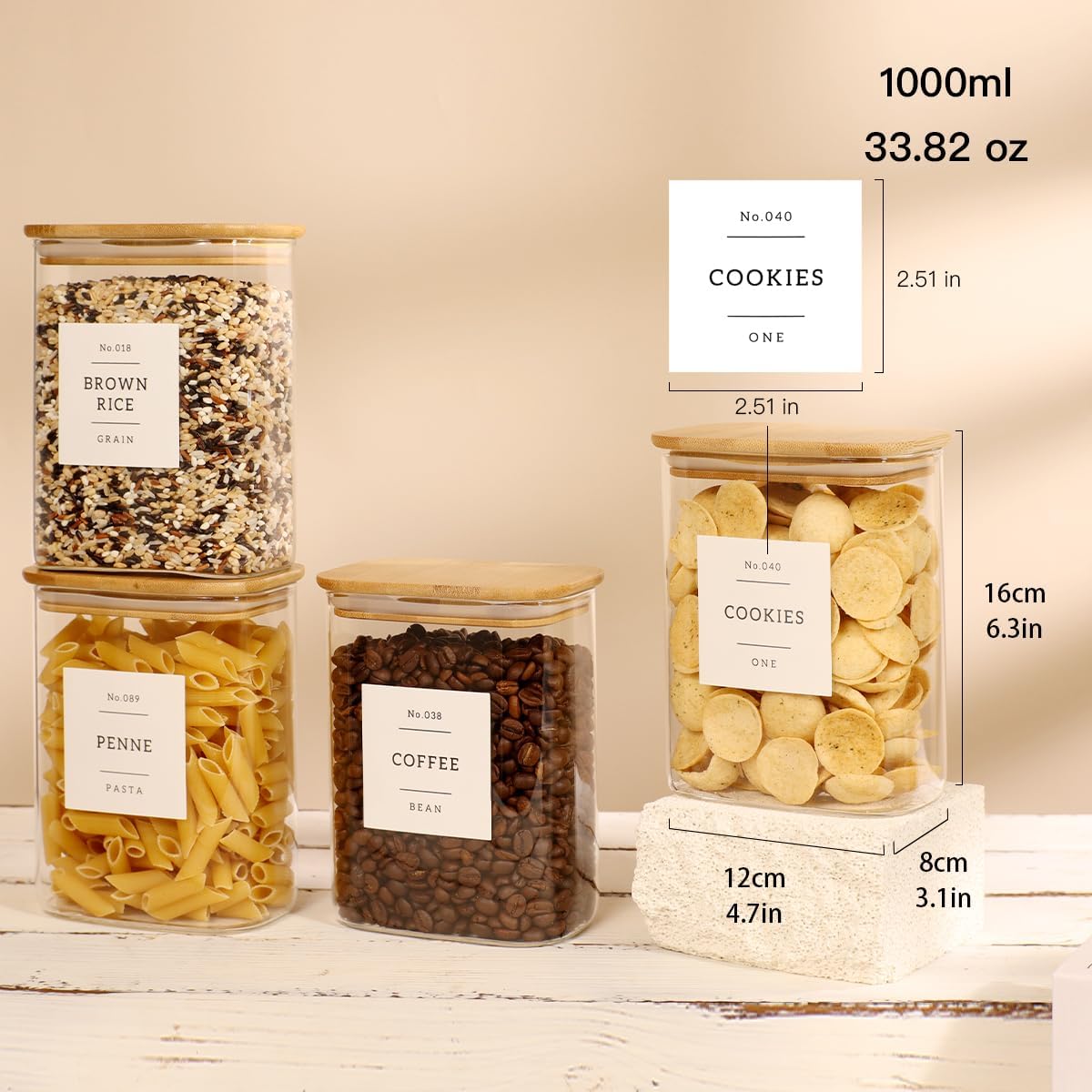 Condition photo showing New/Like New for 4 pack square glass pantry storage containers with 132 kitchen food pantry labels - 34 floz clear glass pantry jars with airtight wood bamboo lids - glass canisters for tea, cereal, coffee, spice 34oz-4pack