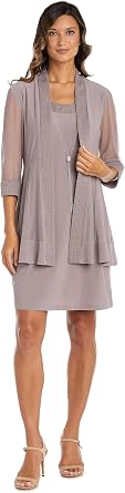 R&M Richards Womens Elegant 2-Piece Shift Dress with Pleated Shimmer Duster Jacket for Mother of the Bride, Cocktail Attire