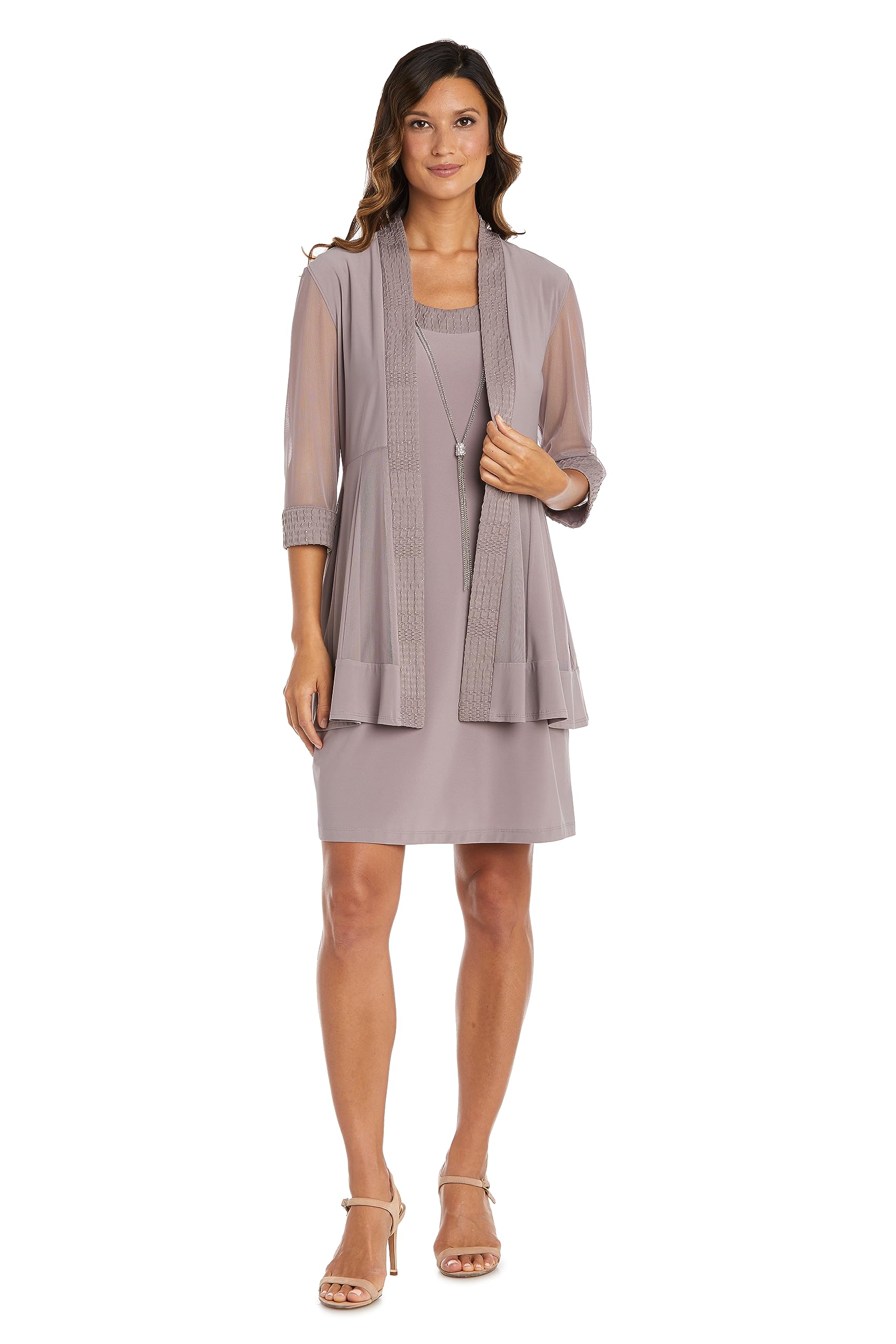 R&amp;M Richards Women's Elegant 2-Piece Shift Dress with Pleated Shimmer Duster Jacket for Mother of the Bride, Cocktail Attire