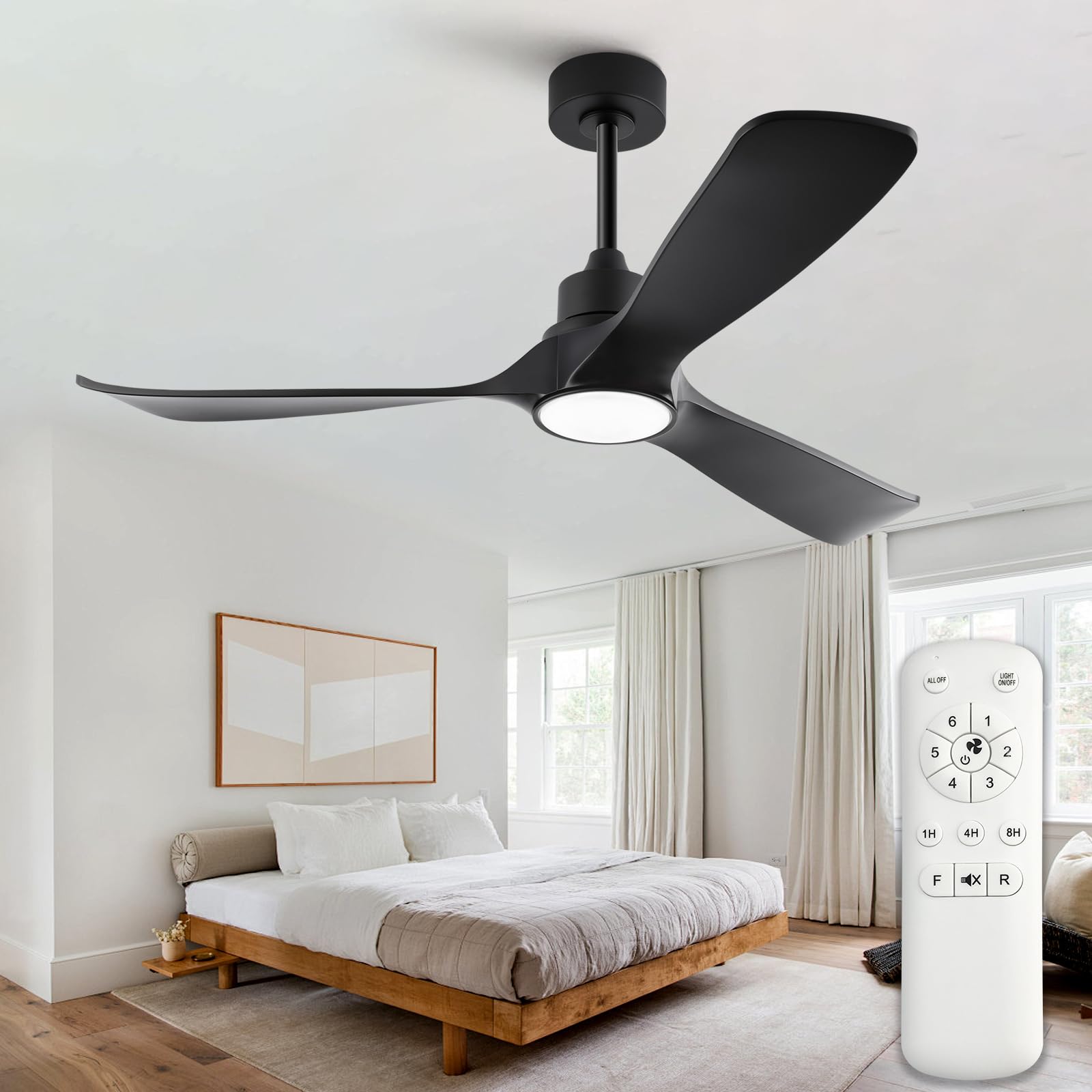 XBIBI 52 Inch Black Ceiling Fans with Lights and Remote Control,Reversible DC Motor,3CCT,Modern Ceiling Fan with Light, Indoor Outdoor Ceiling Fan for