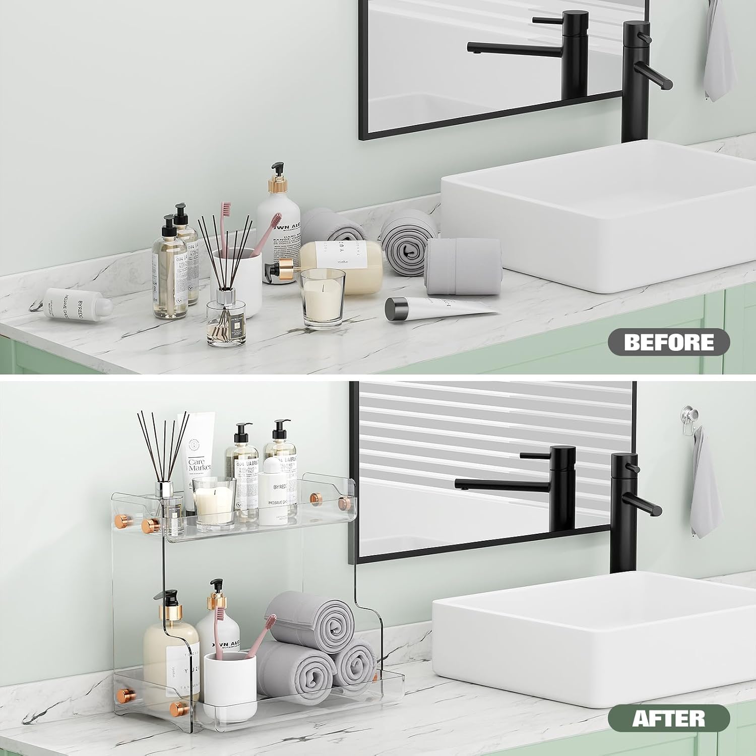 Bathroom Countertop Organizer, 2 Tier Clear Plastic Vanity Organizer with Adhesive Support, Space Saving Storage Shelf for Skincare, Perfume, Makeup and Daily Essentials