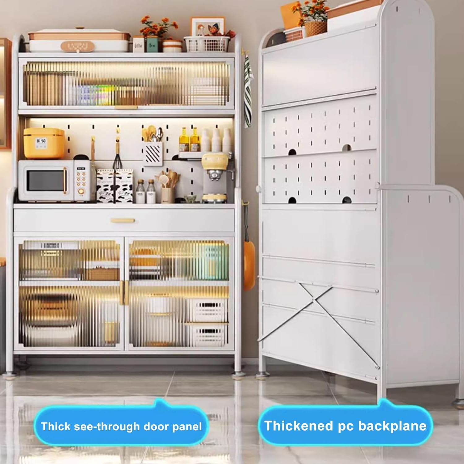 5-Tier Rolling Bakers Rack with 8 Hooks - Microwave Stand & Coffee Station - Black Kitchen Shelves for Spices, Pots & Pans - Compact Design (L: 60cm/23.6in)