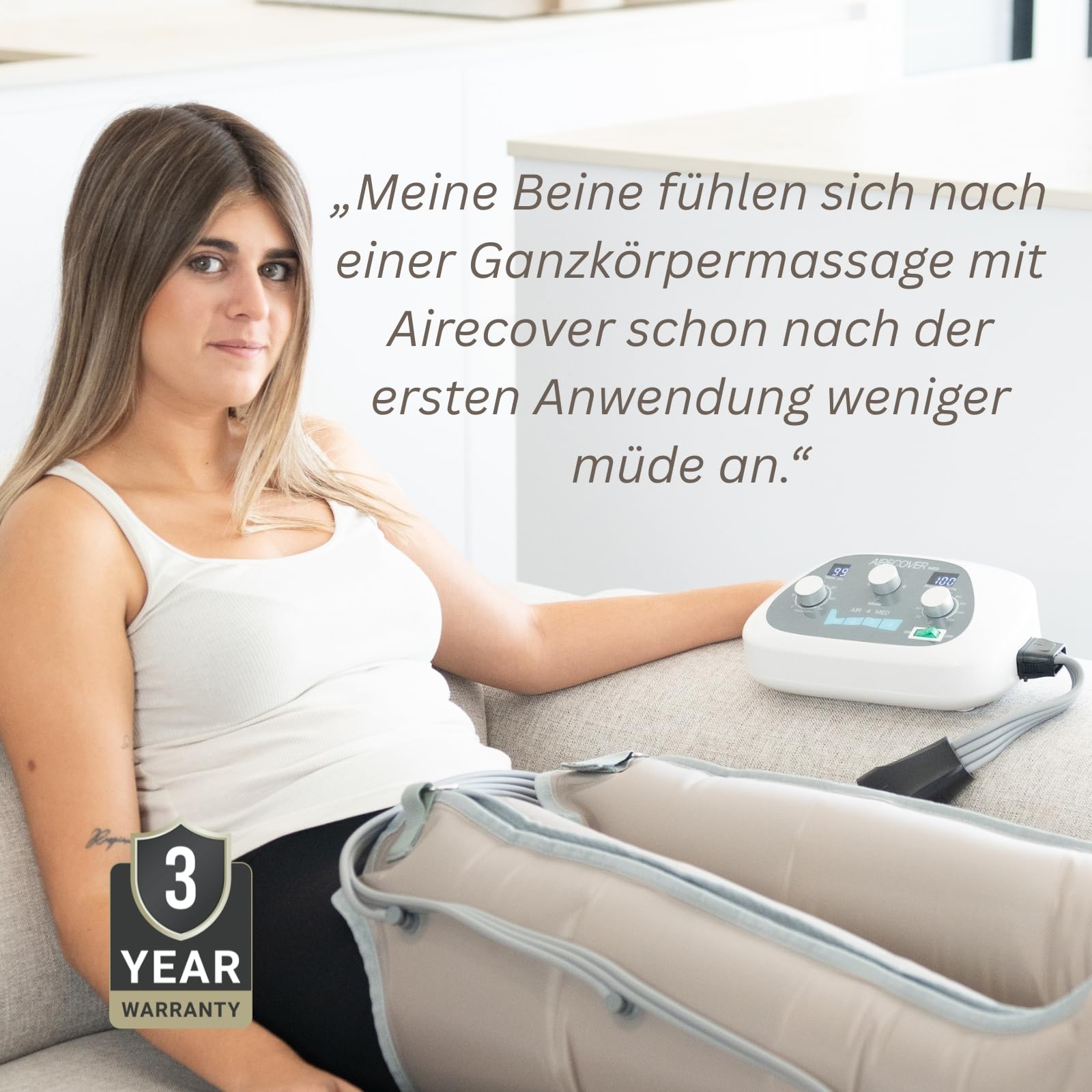 Beinmassagegerät mit Luftdruck – Pressotherapie für Zuhause, 30–250 mmHg, 4 Modi, 4 überlappende Zonen, Entspannung & Komfort（Steuereinheit & Beinmanschetten）
