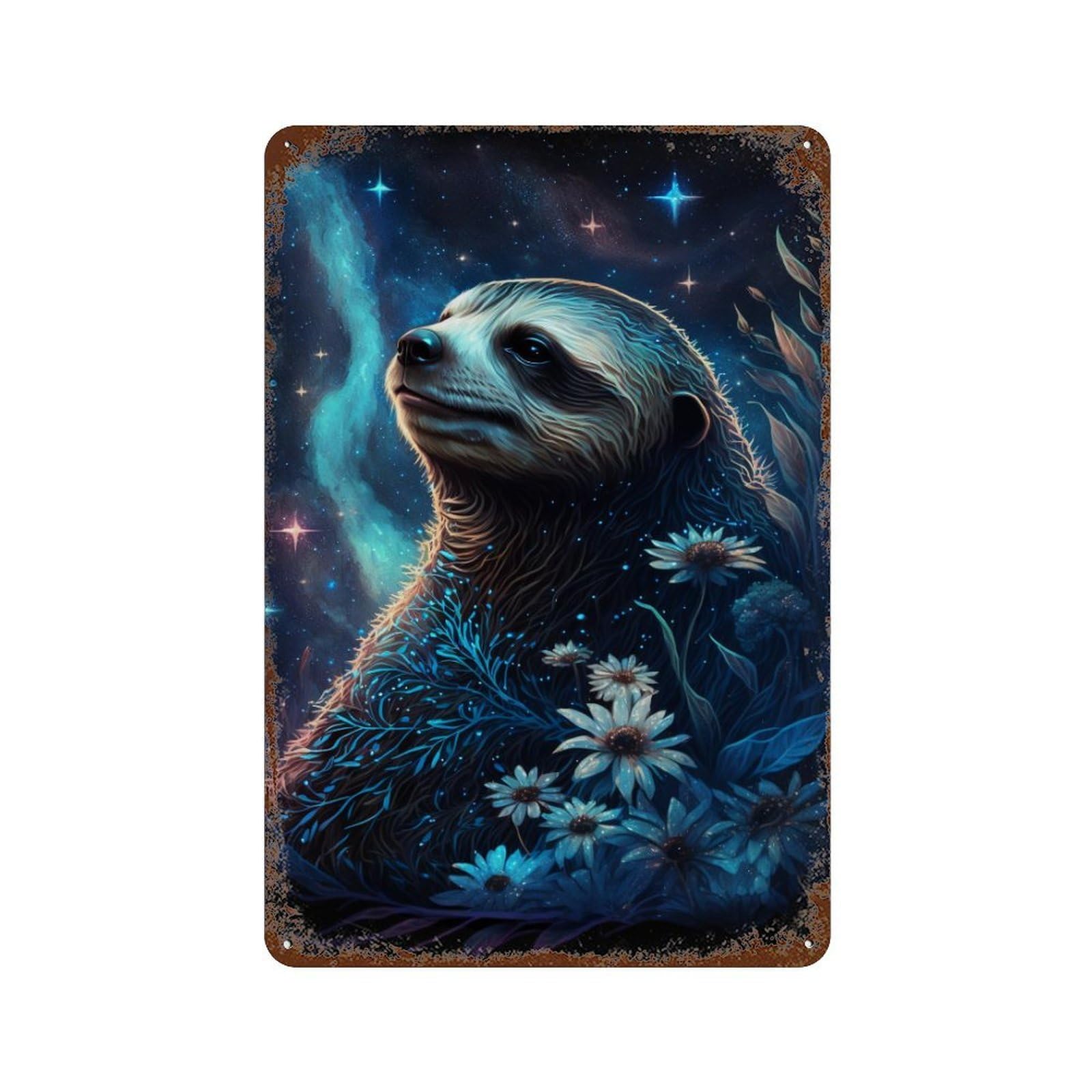 Galactic Sloth with Flowers -3 Rust Effect Tin Sign 11.8"x7.9", Rustic Home Decor for Cafe, Home Bar And Lounge Decor