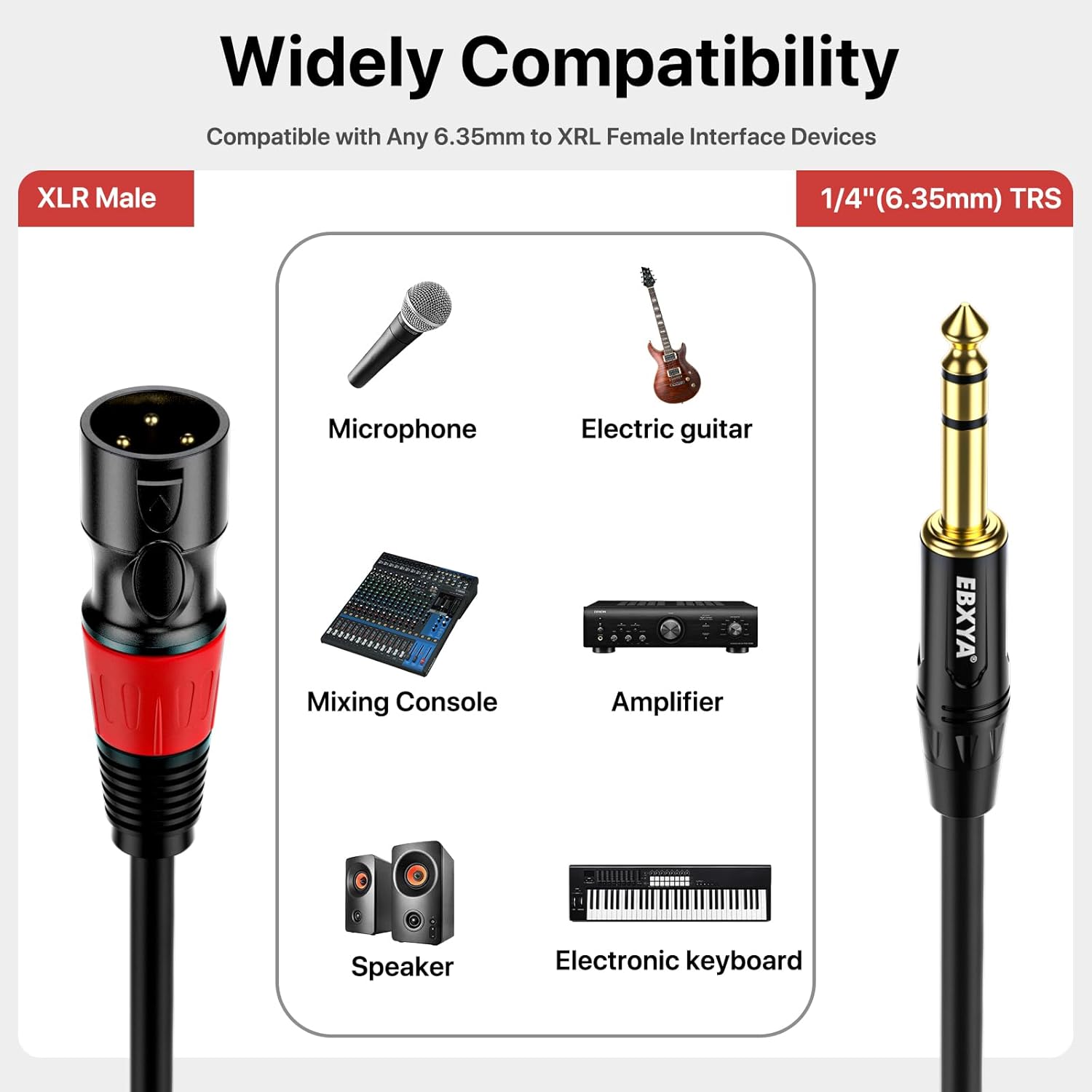 EBXYA XLR Male to 1/4 Inch TRS - Balanced XLR Microphone Cable to 6.35mm Jack Lead, 10ft 2 Pack