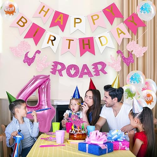 Miniatura 3 de Decoraciones de fiesta de dinosaurios para niñas, globos de pie con el número 4 y dinosaurio, guirnalda rugida y decoración de cuatro pasteles de