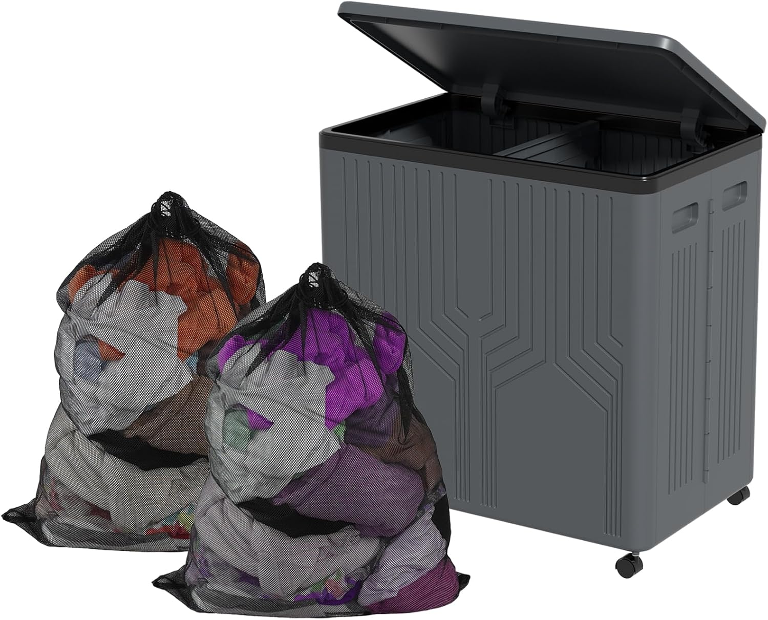 Kiddream 120 L Large Plastic Laundry Hamper with 2 Sections, Collapsible Laundry Hamper with Lid and Wheels, Grey