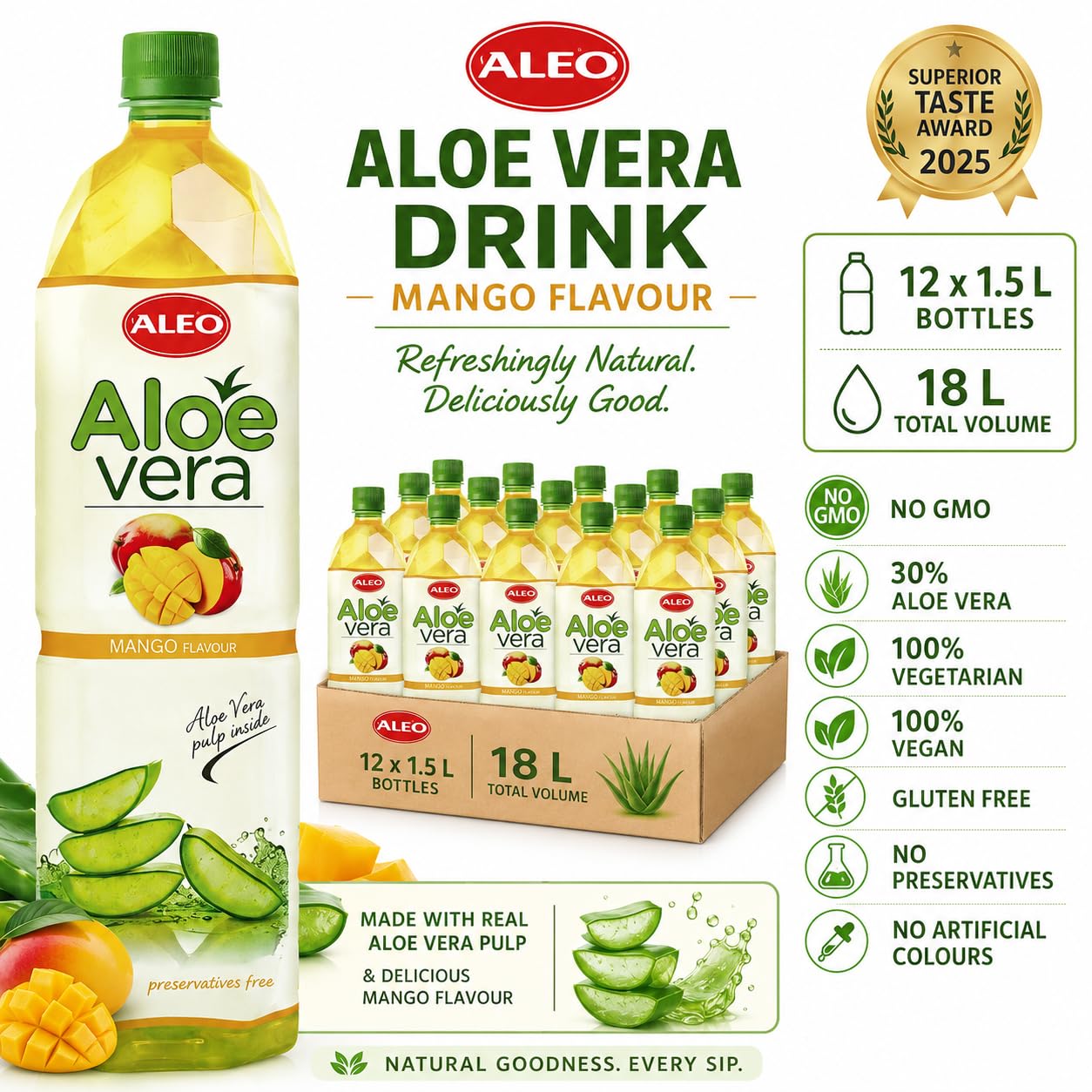 ALEO 1.5L Premium Mango Aloe Vera Drink - Natural, No Preservatives, No Artificial Colors Superior Taste Award 2025