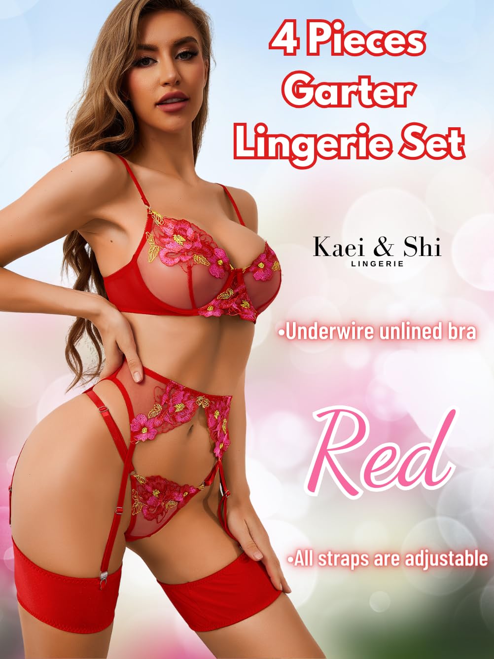 Kaei&Shi Floral Embroidered Garter Belt Set,Sheer Lingerie Sets for Women Sexy,Wedding Night Valentines Boudoir Outfits