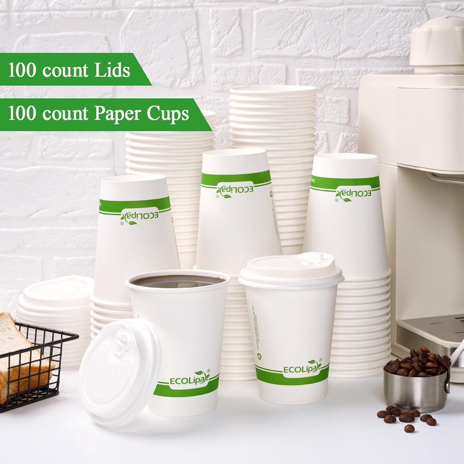 ECOLipak 100 Count 12 oz Compostable Paper Coffee Cups, Biodegradable Disposable Coffee Cups with CPLA Lid, Eco-friendly Hot Drinking Cups for Party, Picnic, Travel, and Events - Image 3