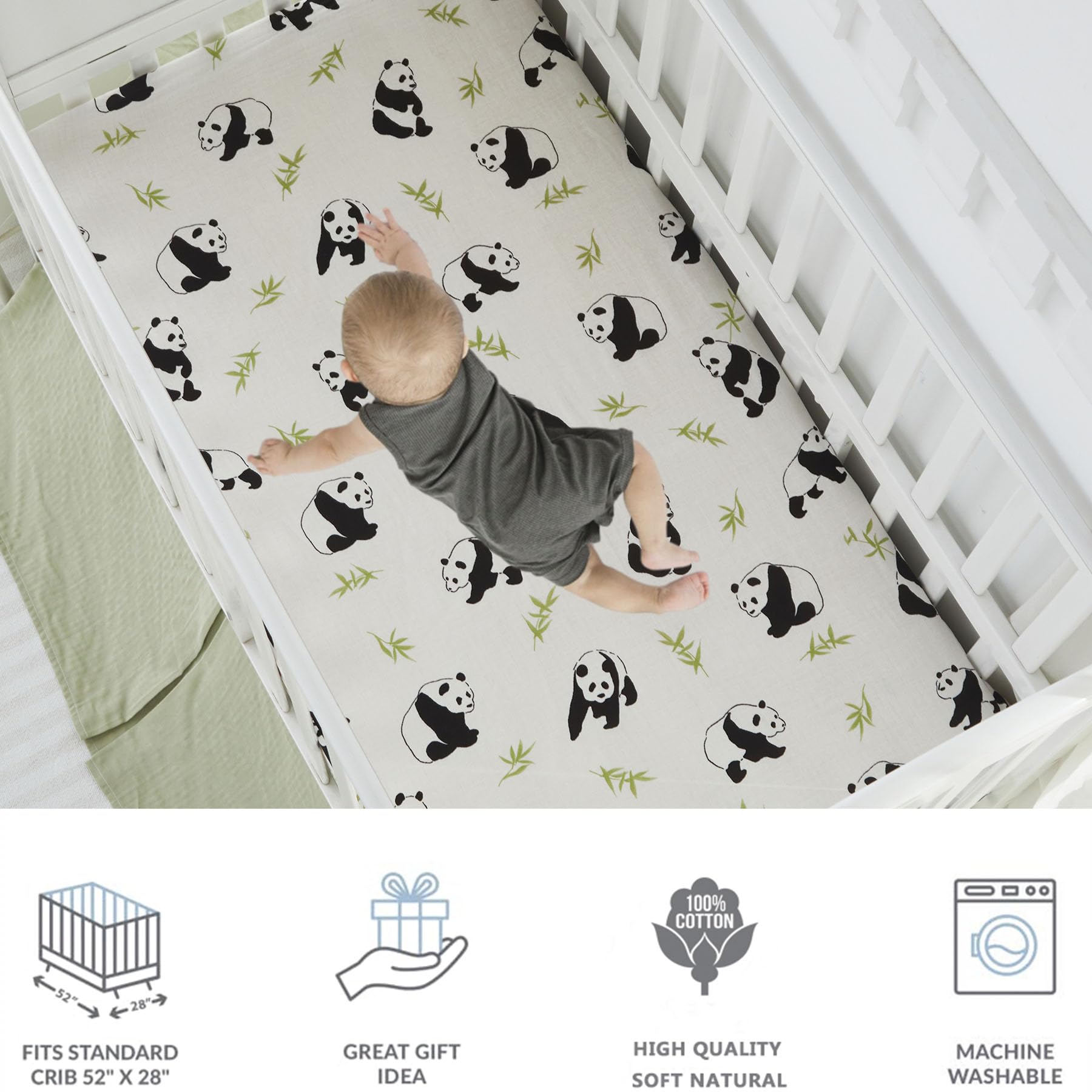 Brandream Sábanas para cuna para niños y niñas, sábana bajera ajustable para colchón de cuna estándar, sábanas impresas de panda neutro para niños, tela de gasa doble de muselina de algodón, blanco y