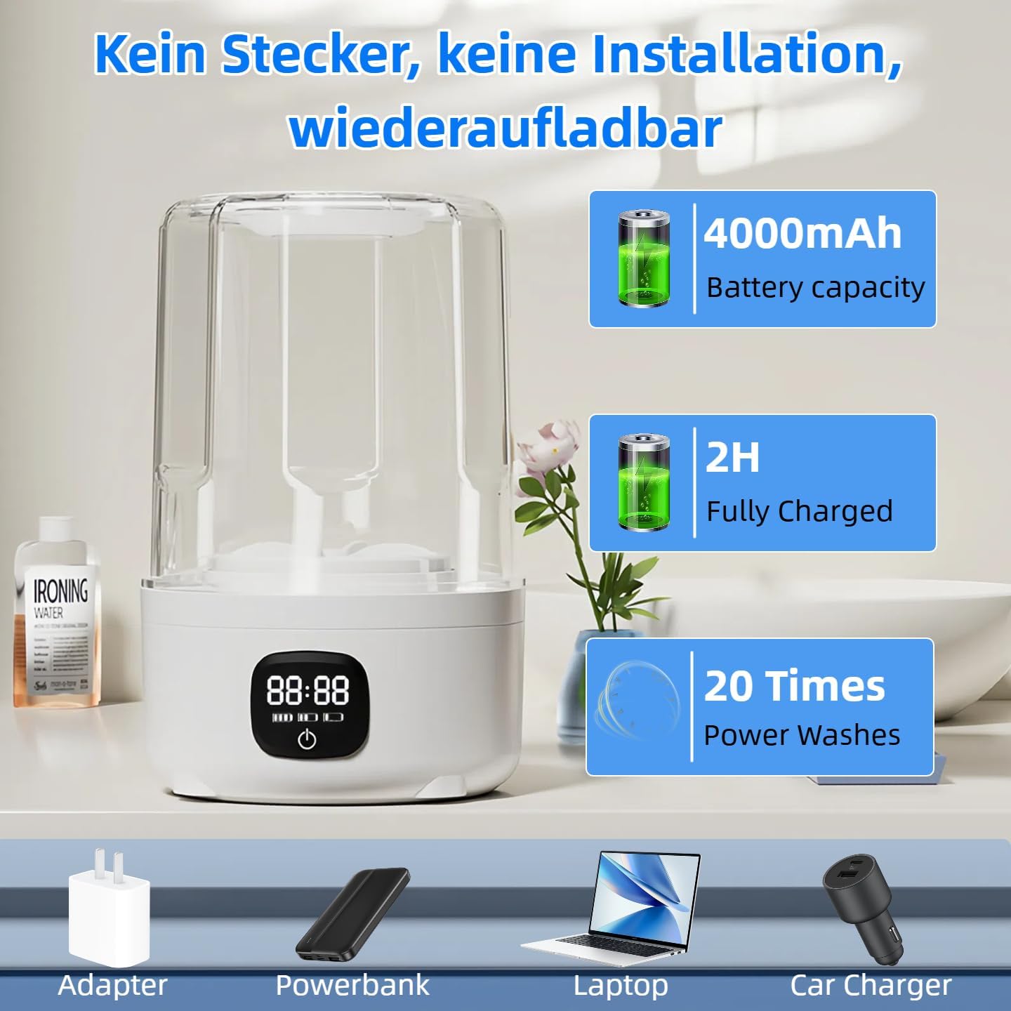 Tragbare Mini Waschmaschine, Unterwäsche Drahtlose-Waschmaschine, Unterwäsche-Wascher mit 2 Modi, Wiederaufladbare Drahtlose Wäschebecher für BHs, Socken im Reise, Camping