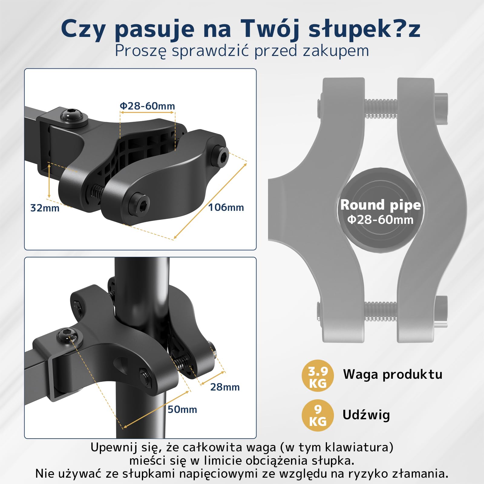 Uchwyt na Klawiaturę do Montażu na Słupku 65,4 × 19,2 cm – Uniwersalna Półka na Klawiaturę do Ø 28–60 mm, Obrót 360° i Regulacja Nachylenia, Ergonomiczna Platforma z Organizacją Kabli