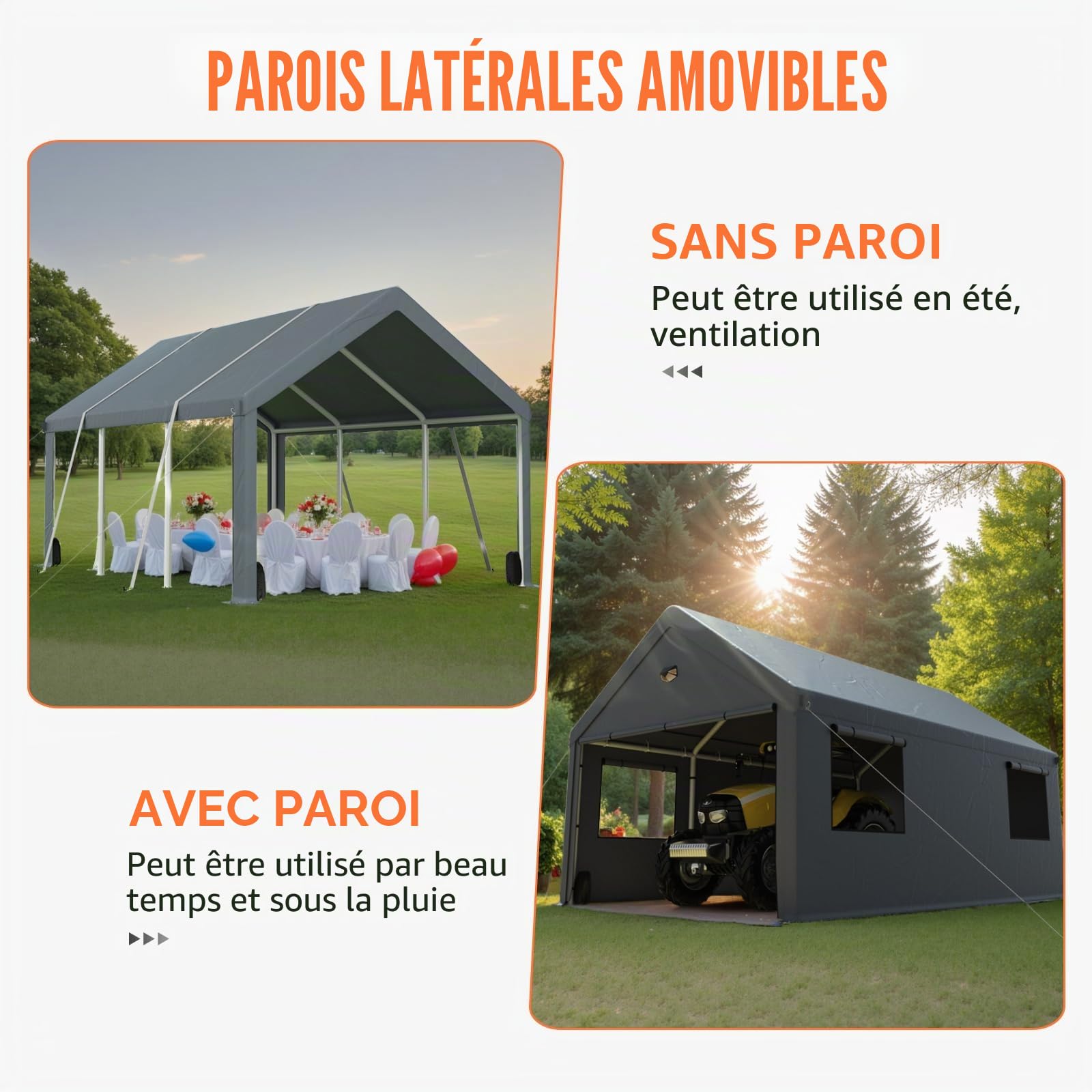 Carport Tente de garage extra large résistante à l'hiver 3,6 x 6 m avec fenêtre enroulable pour voiture, SUV, bateaux et camions – Parois latérales et toit amovibles