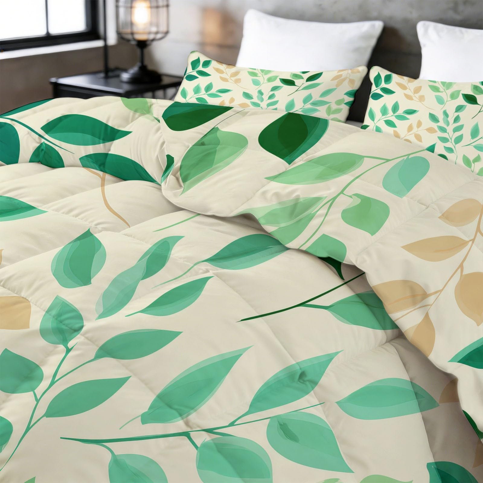 Set Trapunta 3 Pezzi 150x200 cm Foglie verdi e viticci Piumone Letto 4 Stagioni, Trapuntino Anallergico Soffice, Copriletto Trapuntato Moderno per Adulti Bambini