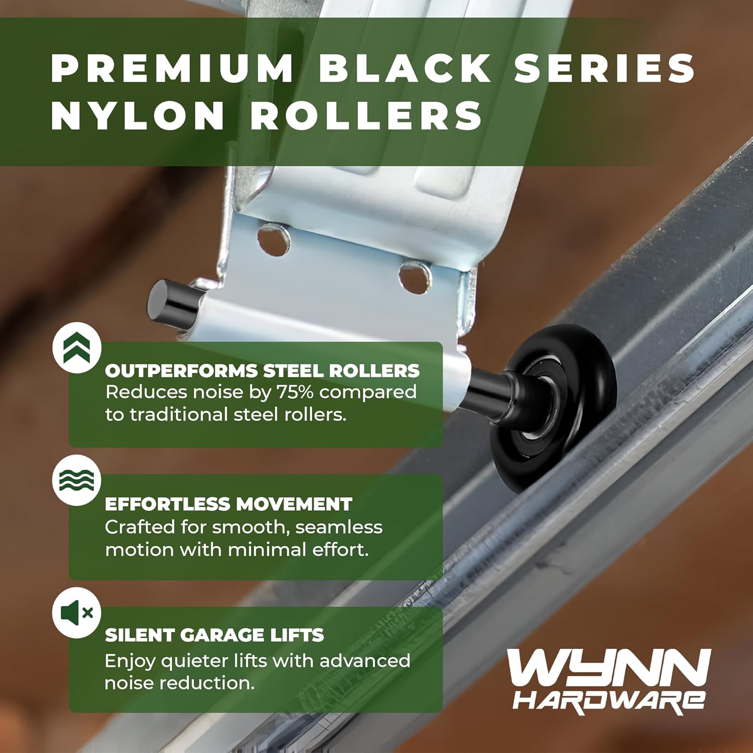 Garage Door Roller, Sealed 6200ZZ Bearing Nylon Roller, Extra Quiet, 7" Stem, Pack of 10 - Black Series